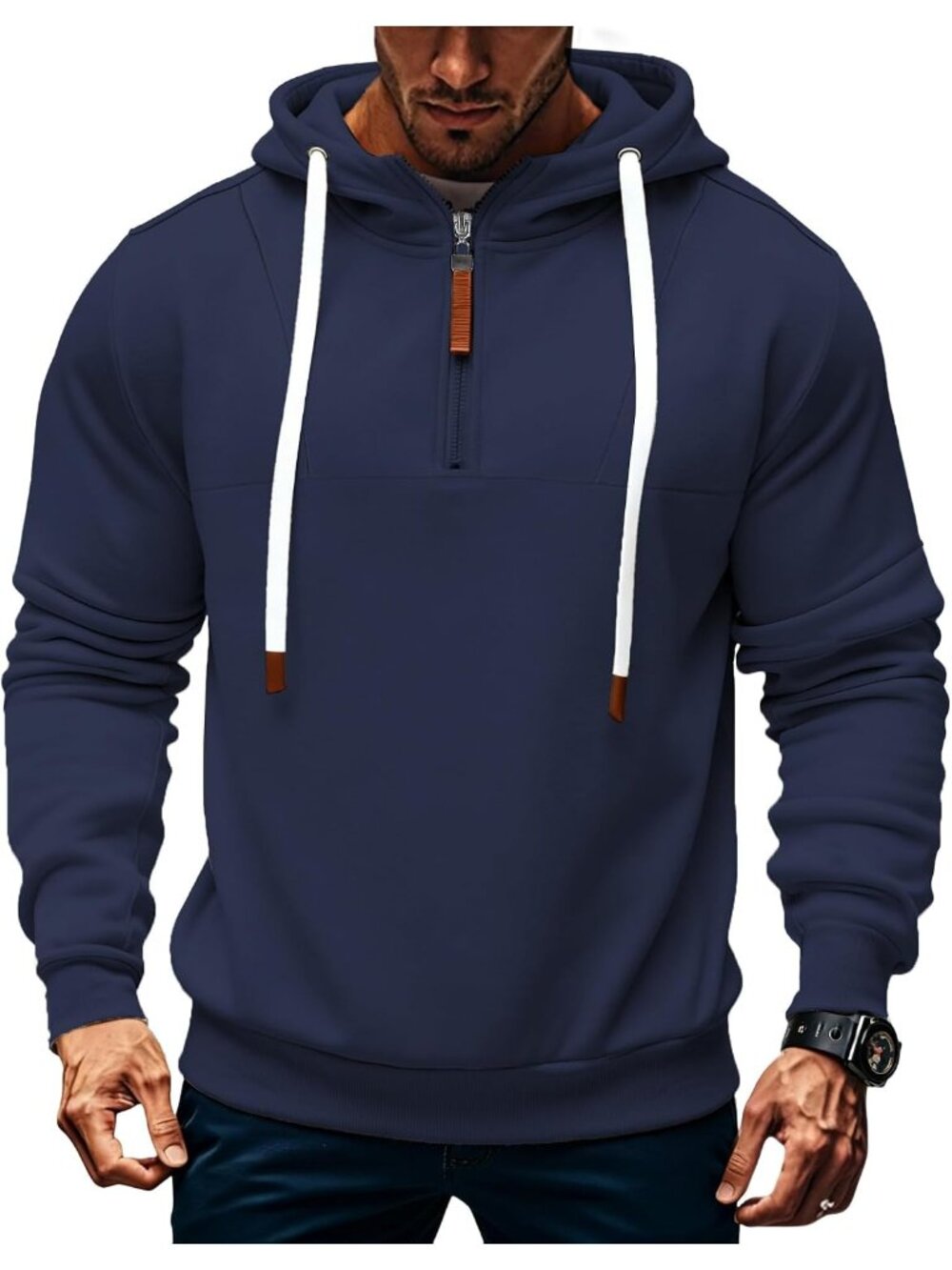 Men's Navy Blue Quarter ZIP Long Sleeve Pullover Polyester Sweatshirt Hoodies